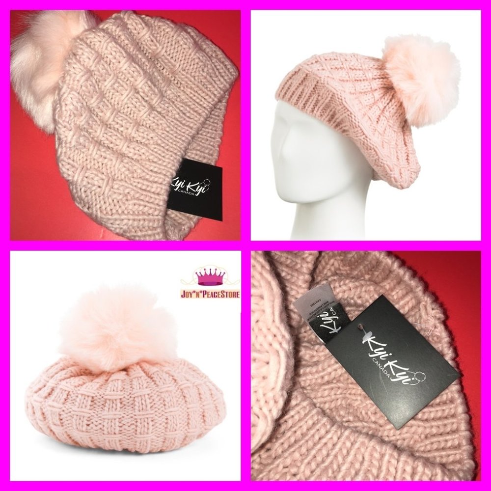 KYI KYI Pink Faux Fur POM Beret Ski Beanie Hat